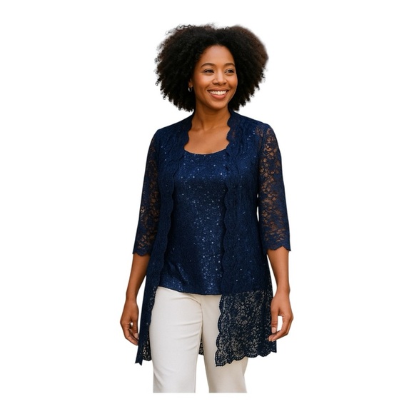 R&M Richards Navy Blue Scallop Lace Duster & Tank Top Set - Size 8P - Picture 1 of 14
